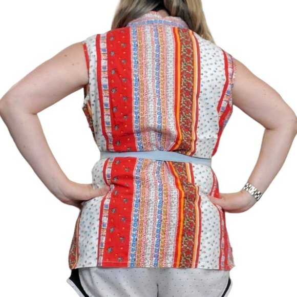 Vintage 70s Red Boho Belted Tunic Collared Smock Sleeveless Floral Shirt L/XL - Picture 5 of 10